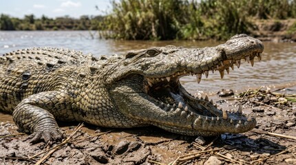 Fototapeta premium Nile Crocodile with Open Mouth on Muddy Bank