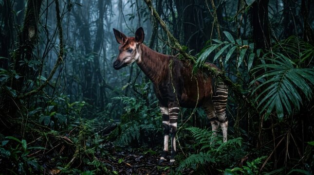 Okapi in Dense Jungle Habitat