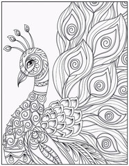 Animal Mandalas (Mindfulness) Coloring book .Peacock in zentangle style. Adult antistress coloring page. © Coloring Pages