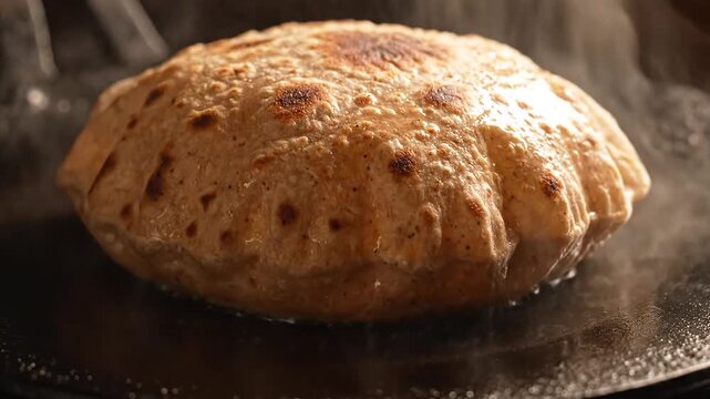 Closeup of a fluffy paratha cooking on a hot griddle.