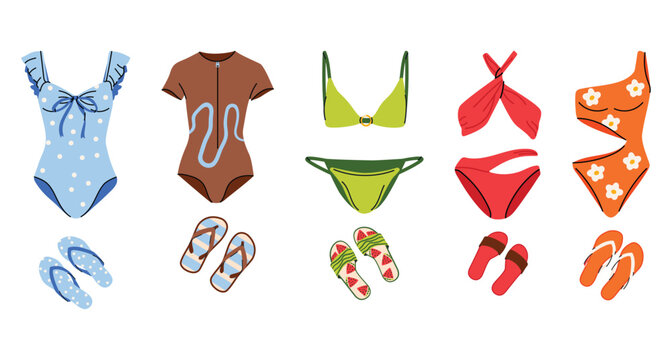 Cute set of summer clothes. with swimsuits and flip flops. Hand drawn beach essentials collection, colorful vacation outfit elements, modern minimal vector illustration