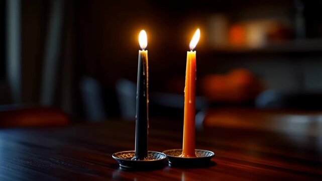 Halloween-themed black and orange taper candles flickering side by side on a dark wooden table casting a warm cozy glow with moody shadows and wax drips