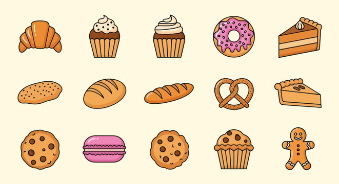 Various baked goods cartoon illustration