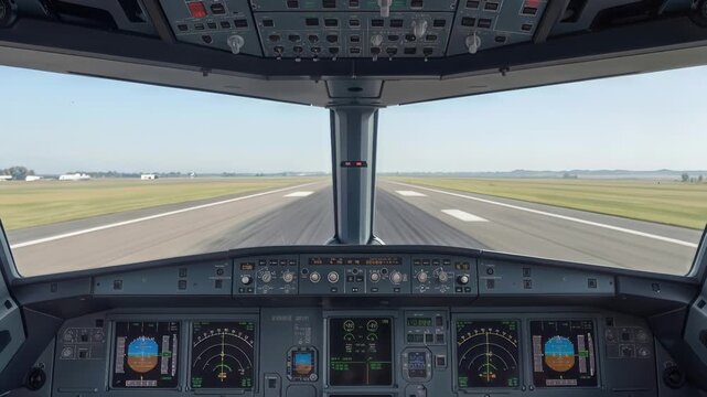 Airplane cockpit view during landing on asphalt runway. First-person perspective from flight deck.