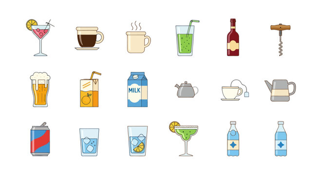 Various beverage icons on white background