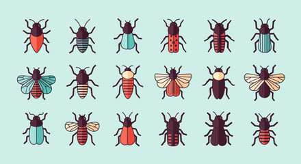 Various insect illustrations on light green backdrop © Indahyulia