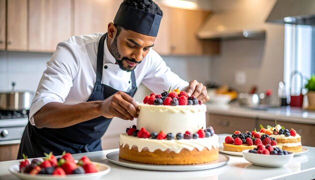 Chef decorates a tiered cake with fresh berries
