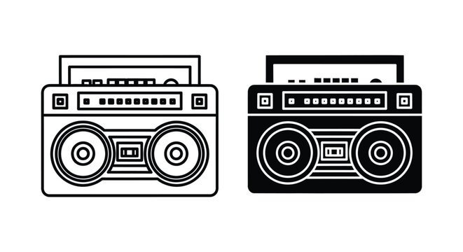 Classic retro boombox music player vector icon with large speakers and cassette deck representing vintage audio entertainment