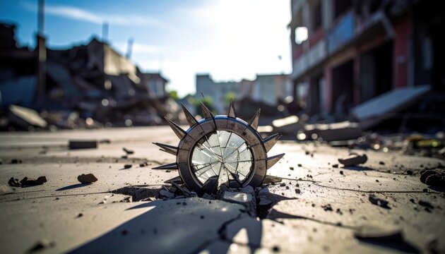 A jagged metal shrapnel piece with a shattered glass center embedded in cracked pavement within a war torn urban landscape under bright natural daylight.