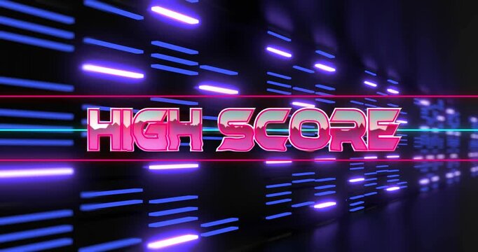 Red outlines starting 3D neon HIGH SCORE moving forward rotating guide lines sliding to frame title