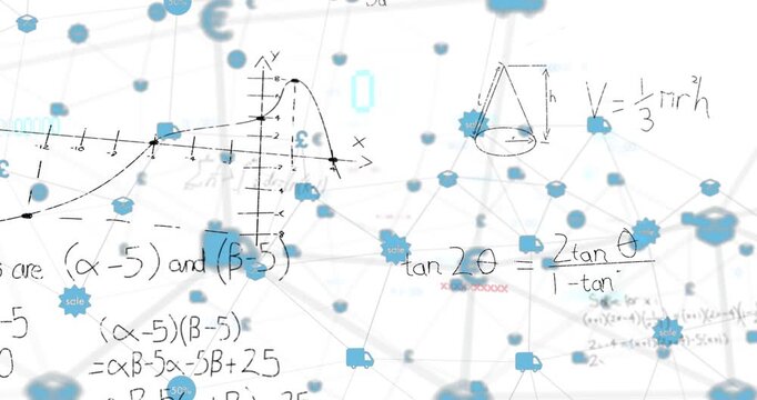 Camera refocusing initiating pan blue nodes drifting graph drawing math appearing for data visuals