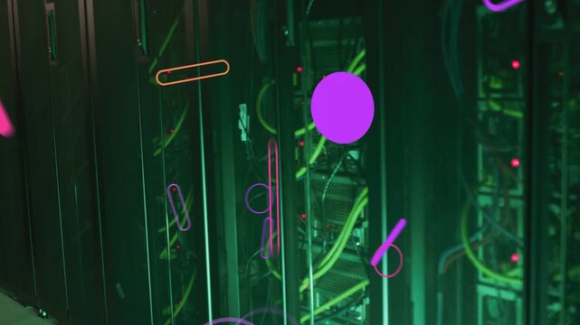 Animated circles rings bars entering left over rack stacking then drifting visualizing network