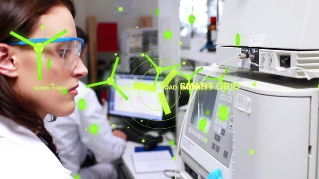 Lab tech tapping analyzer keypad activating smart grid HUD growing around instrument verifying data