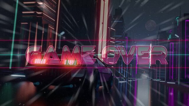 Sports car speeding, camera moving, neon GAME OVER overlay fading center, signaling arcade game end