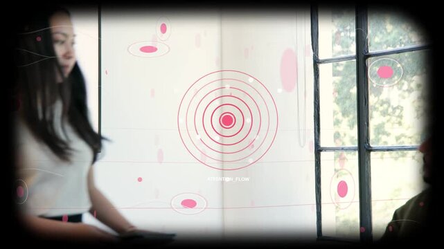 Woman tapping tablet and presenting, converting meeting into business pitch with pink HUD pie-chart