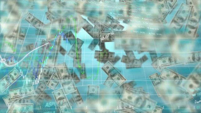 Vertical video: Falling cash driving charts, color lines and bars emerging, revealing market trends