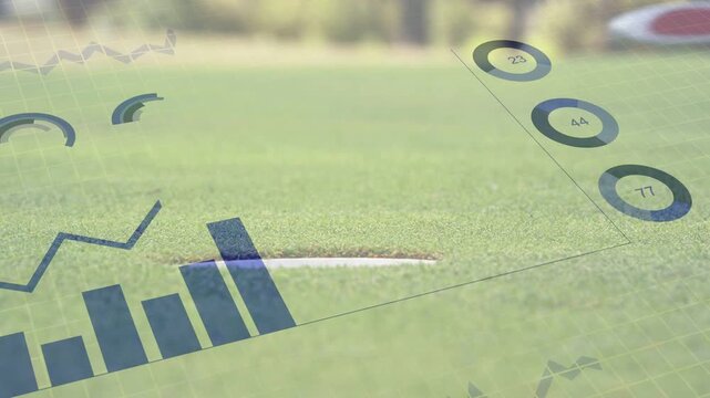 Data overlays sliding in, showing shot metrics, ball moving toward hole while hand picking up ball