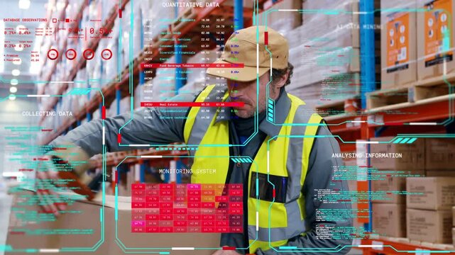 Warehouse worker reading device, taping box, scanning labels, HUD aligning with package for stock