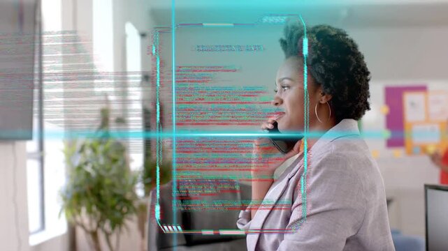 Incoming call starting tech HUD, woman holding phone listening, HUD collecting biz data, smiling