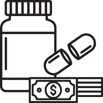 Premium Flat Black & White Vector Icon Set Featuring Prescription Pill Bottle with Empty Capsule and Cash Symbol for Medical Costs, Pharmaceutical Expenses, Insurance Claims, Prescription