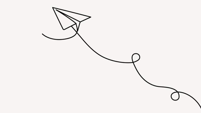 A minimalist 4k animation of a paper plane drawn with a single continuous black line, soaring upward across a clean, light background.