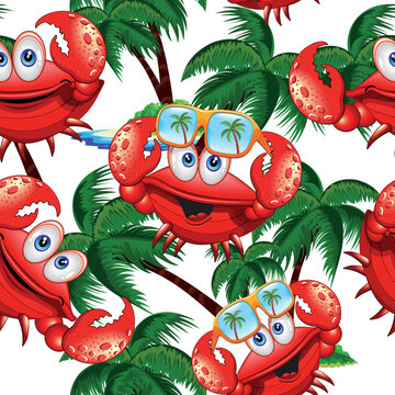 Crab with Sunglasses Cute and Happy Summer Cartoon Character Vector Seamless Pattern EPS
