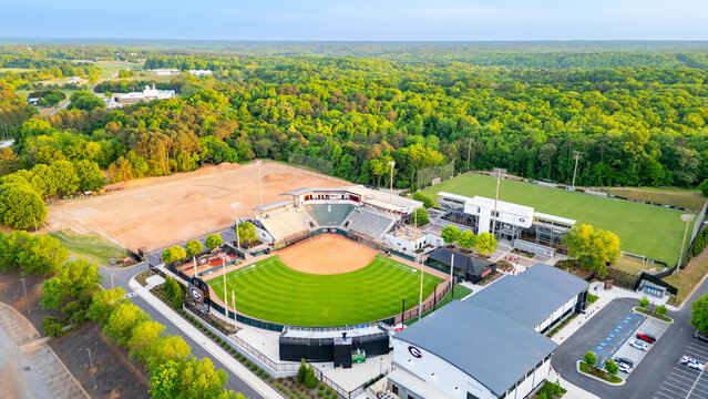 Athens, GA - April 17, 2026: Aerial drone view of the UGA Jack Turner Stadium for softball, at the University of Georgia in Athens, Georgia.
