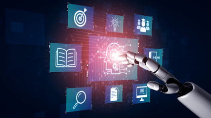 Fototapeta premium Artificial intelligence AI platform connecting training resources, AI search, dashboards and team and AI collaboration for smarter decisions supported by AI. Corpus