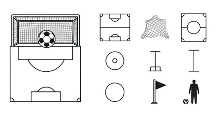 Soccer Field Elements: Goal, Ball, Pitch Markings, Net, Player, Flag © malika