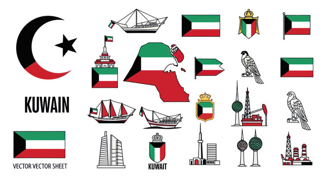 Kuwait Icons: Flag, Map, Landmarks, Symbols, Dhows, Falcon - Vector Set