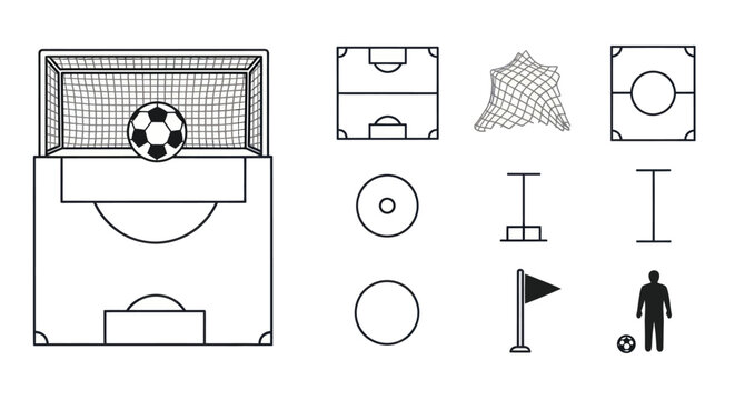 Soccer Field Elements: Goal, Ball, Pitch Markings, Net, Player, Flag