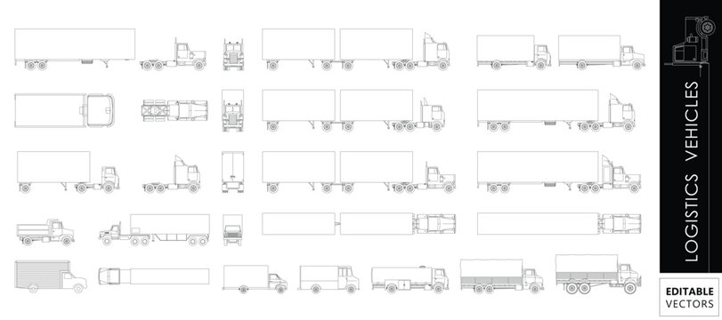 Logistics Vehicle Line Icons Set &ndash; Architectural Drawing Style Transport & Delivery Vector (Truck, Cargo, Industrial Vehicles)