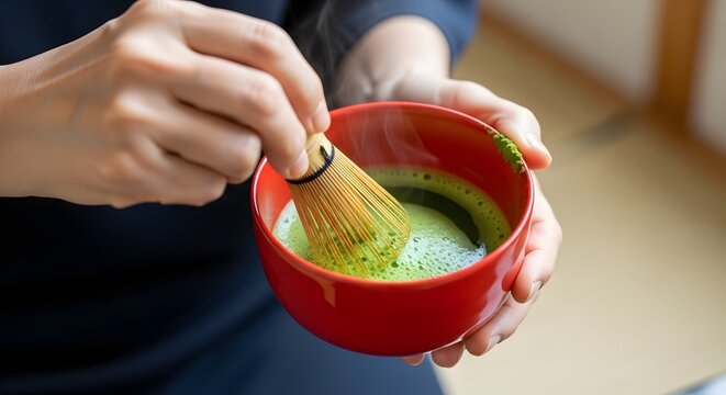 Hands preparing frothy green matcha tea in a red bowl using a bamboo whisk lifestyle shot