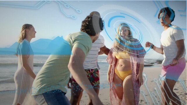 Beach group man in green moving front, friends huddling, posing for camera, tech HUD hovering heads