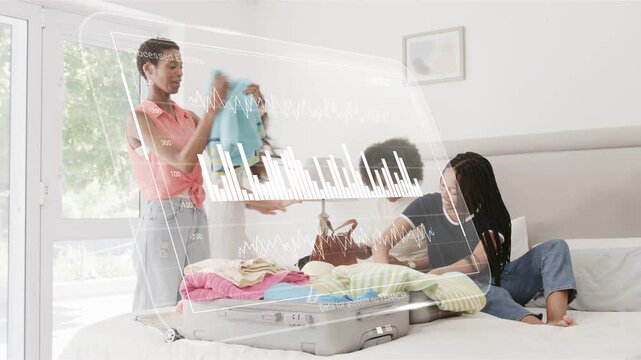 4 women checking phone and packing for travel into open suitcase on bed, waveform overlaying scene