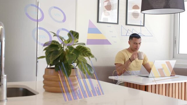 Remote worker sipping mug, working on laptop displaying charts over plant and man showing tech data