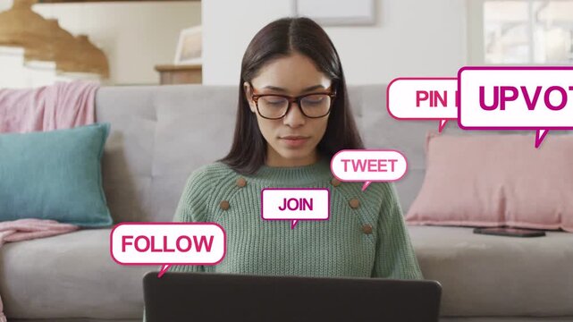 Woman sitting on sofa, typing on laptop, initiating social callouts crowding screen for marketers