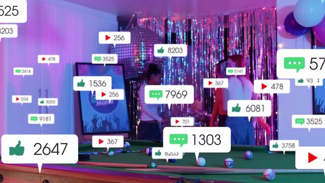 Three women celebrating behind pool table, one tapping drum and multiplying social media overlays