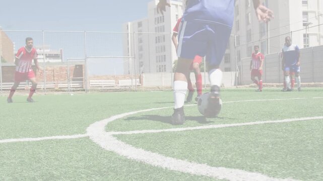 Soccer blue player shifting, probing gaps, evading slide, recovering ball and pushing toward attack
