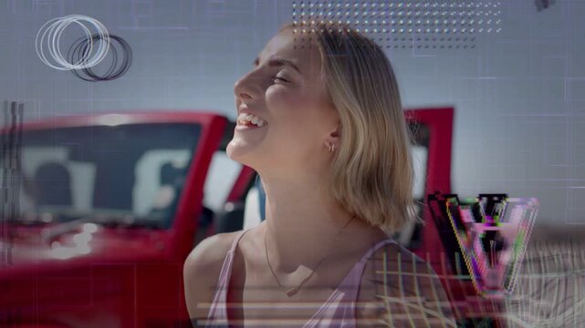 Sunlight causing woman turning by red pickup, placing hand on chest, rings-grid emphasizing health