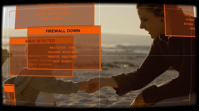 Mother holding infant's hand on beach, contact spawning security HUD escalating firewall panel