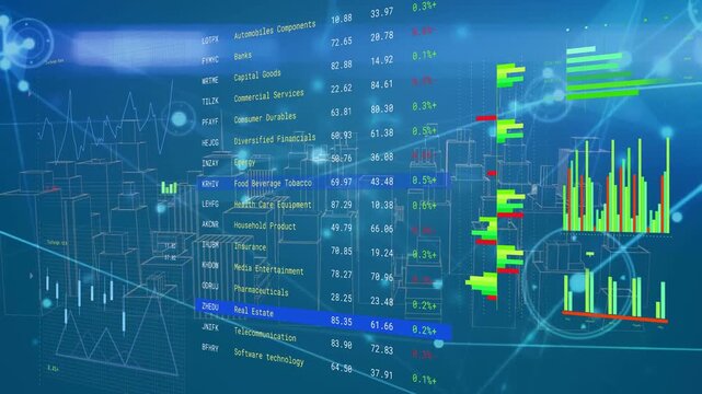 Translucent table appearing, blue bar moving down list, charts updating, showing live market data