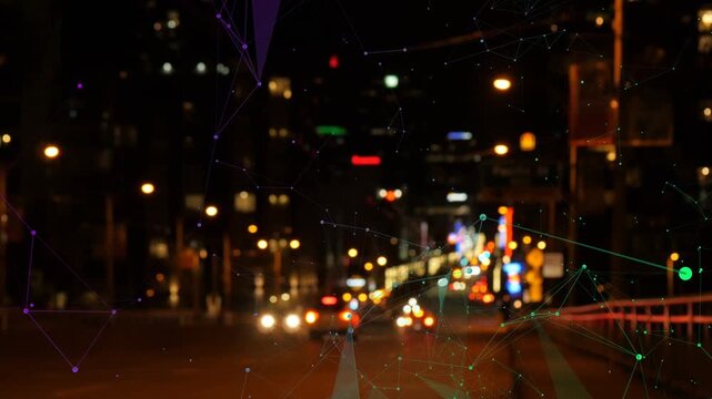 Car shifting forward, lights brightening, cars moving while overlay animating showing traffic flow