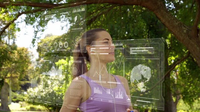 Runner slowing to stop in park, glancing at AR health charts overlaid while drinking to hydrate