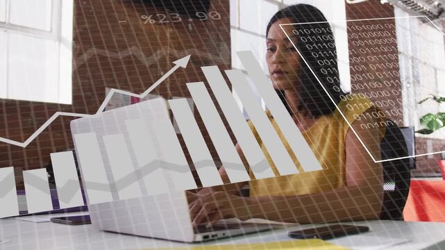 Woman typing on laptop initiating data overlays, shifting into pie and bar charts while analysing