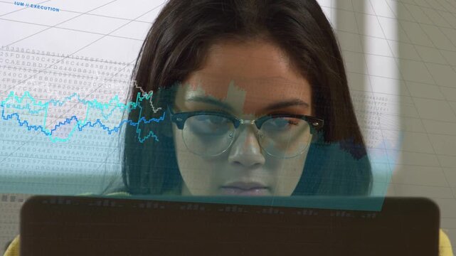 Woman adjusting glasses, laptop initiating line-chart overlaying across face, aiding tech analysis