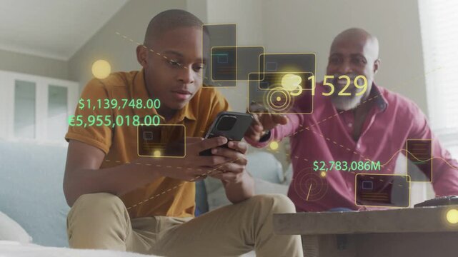 Teen tapping phone, father pointing on sofa, finance HUD updating currency numbers for learning