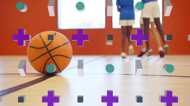 Basketball resting near line, three girls entering right practicing dribbling under moving shapes