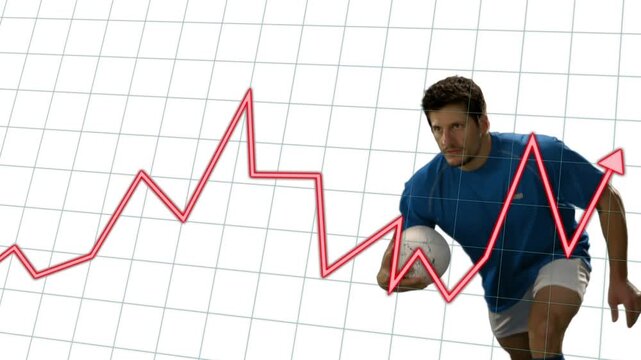 Sports graph weaving toward hand, male athlete running clutching rugby ball diving to score on grid