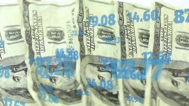 Hand entering right, fanning bills and pulling one forward while numbers drifting, revealing face